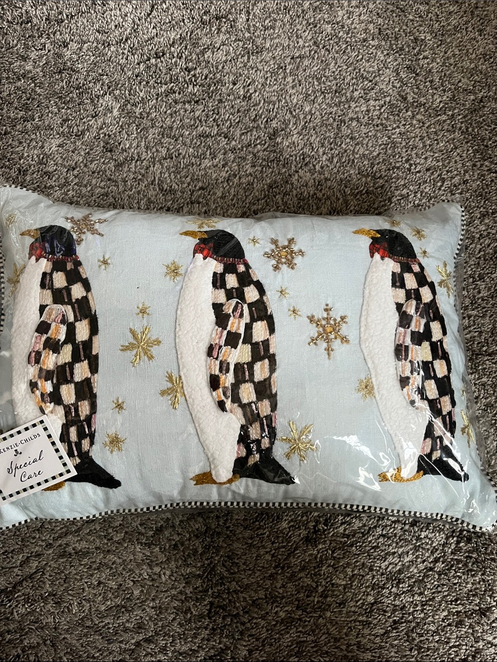 MacKenzie-Childs Light Blue Penguin Trio Holiday Pillow with Gold Snowflakes!